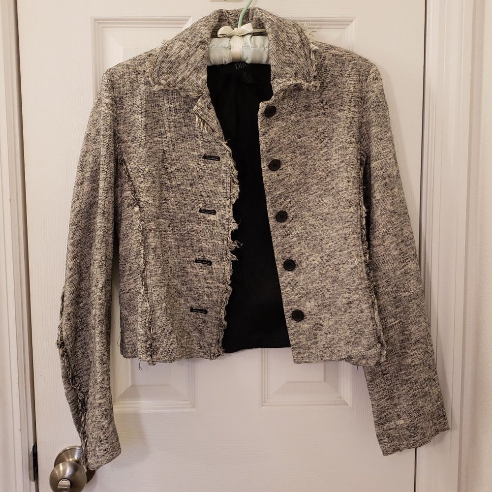 Vintage Blazer Fringe Tweed Grey Silver Button Up